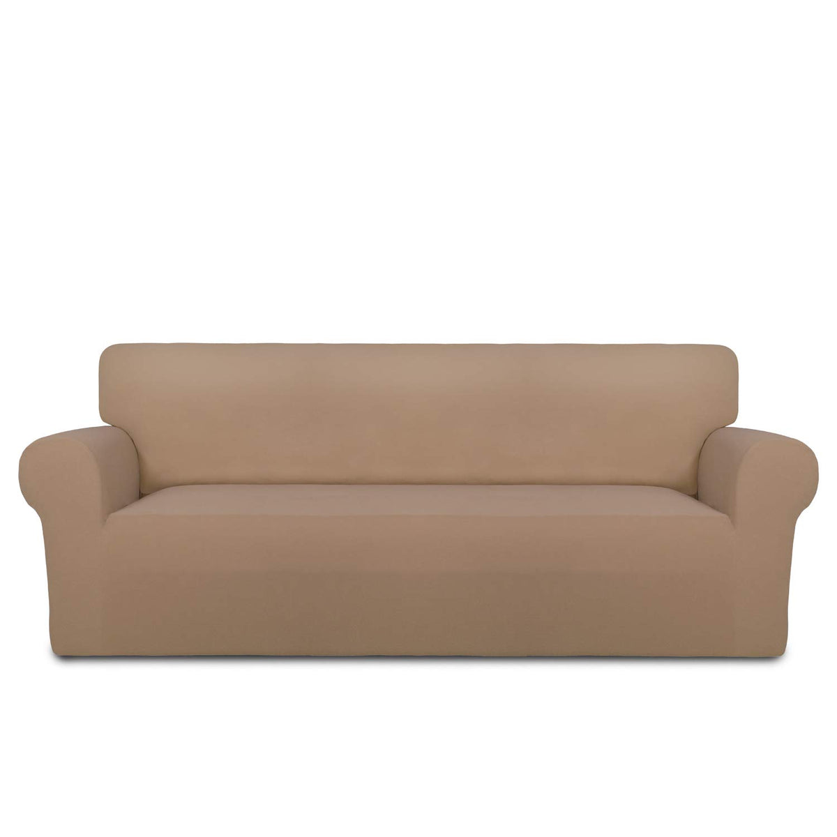 PureFit front view on large sofa showing clean camel finish and instant refresh benefit