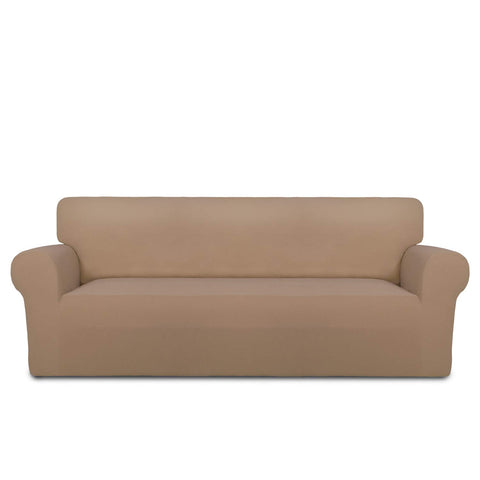 PureFit front view on large sofa showing clean camel finish and instant refresh benefit