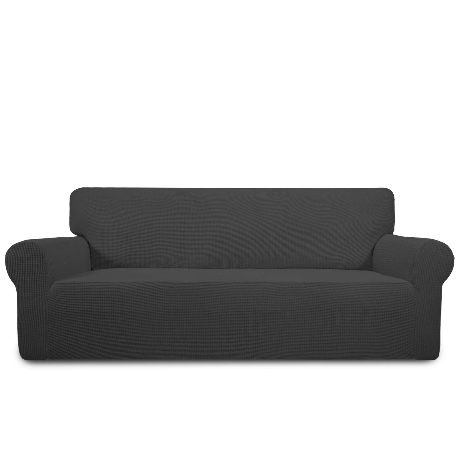 PureFit front view on sofa showing full dark gray coverage and refined look