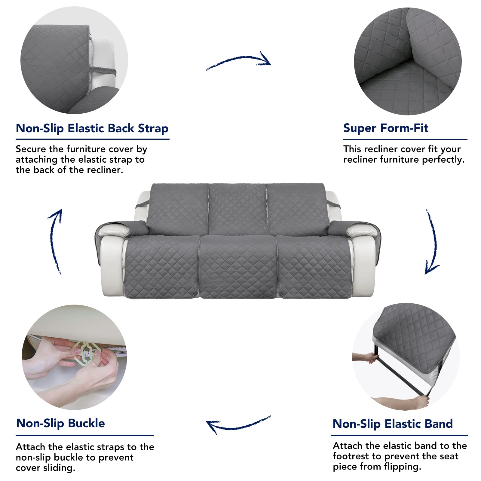 PureFit bottom band fastened around footrest to prevent cover shifting