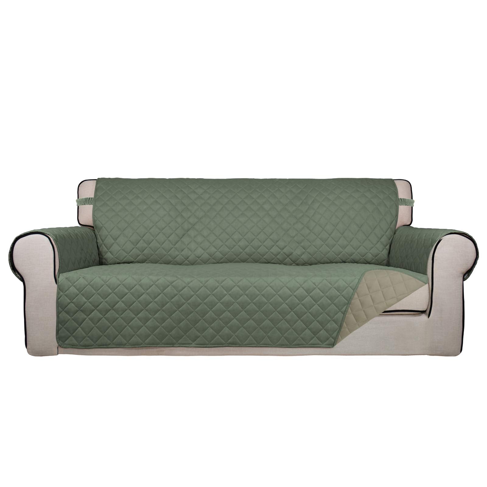 PureFit front view showing 66in cover protecting sofa, protects upholstery