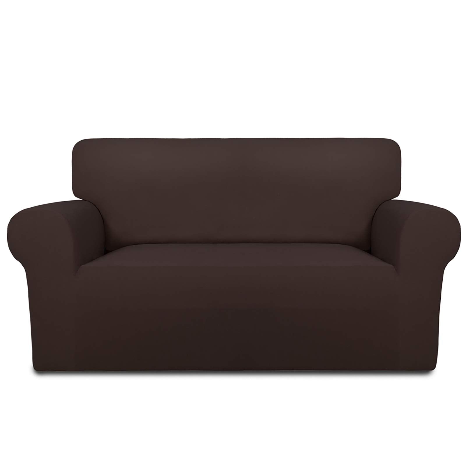 PureFit front view on loveseat showing chocolate color and full coverage benefit