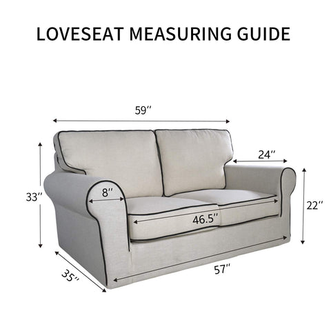 PureFit measuring tape beside cover shows fit for 46.5" loveseats
