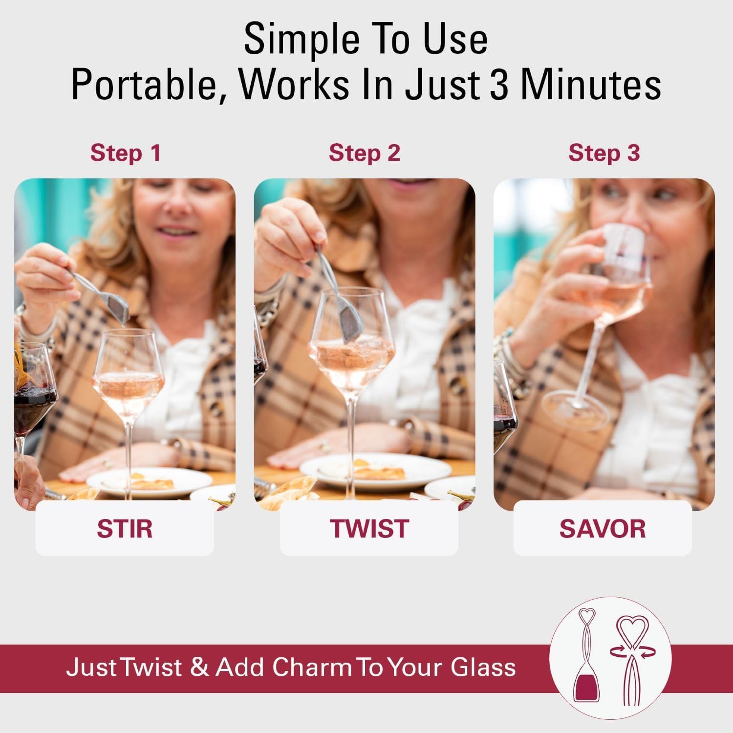 PureWine wand inserted in a wine glass aerating and improving aroma