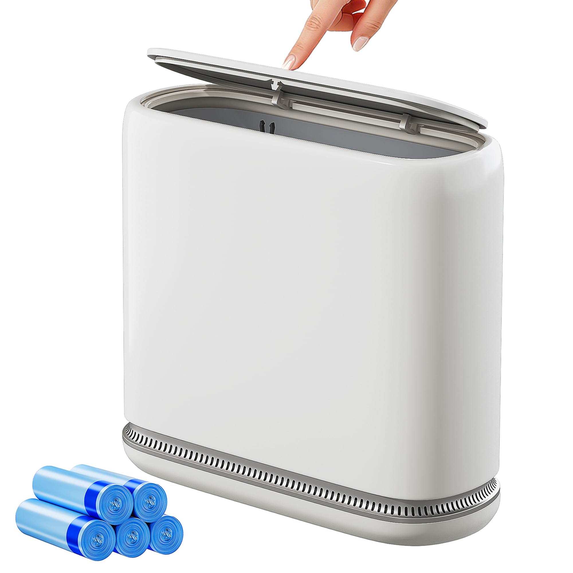 Purexa front view of slim white trash can showing tidy profile and space savings