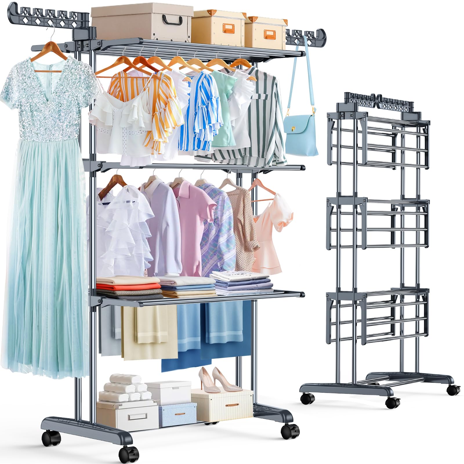 PurKeep front view of 4-tier drying rack showing capacity and organization