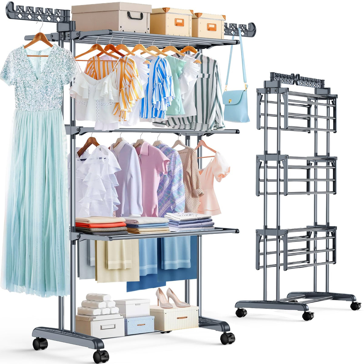 PurKeep front view of 4-tier drying rack showing capacity and organization