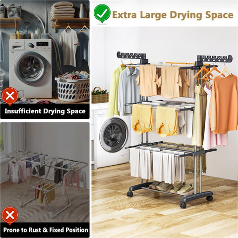 PurKeep loaded rack with towels and shirts maximizing vertical space