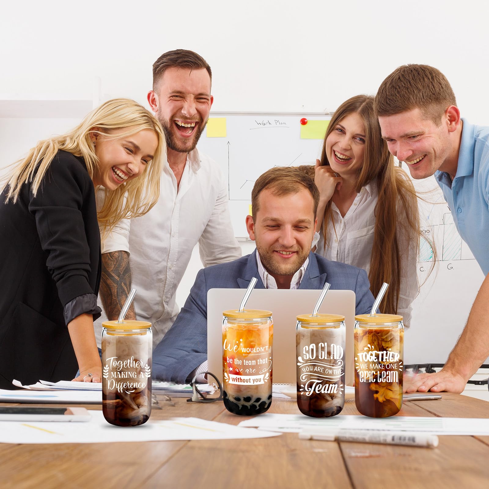Purpeak glass cup on office desk with coffee, ideal for employee breakroom use