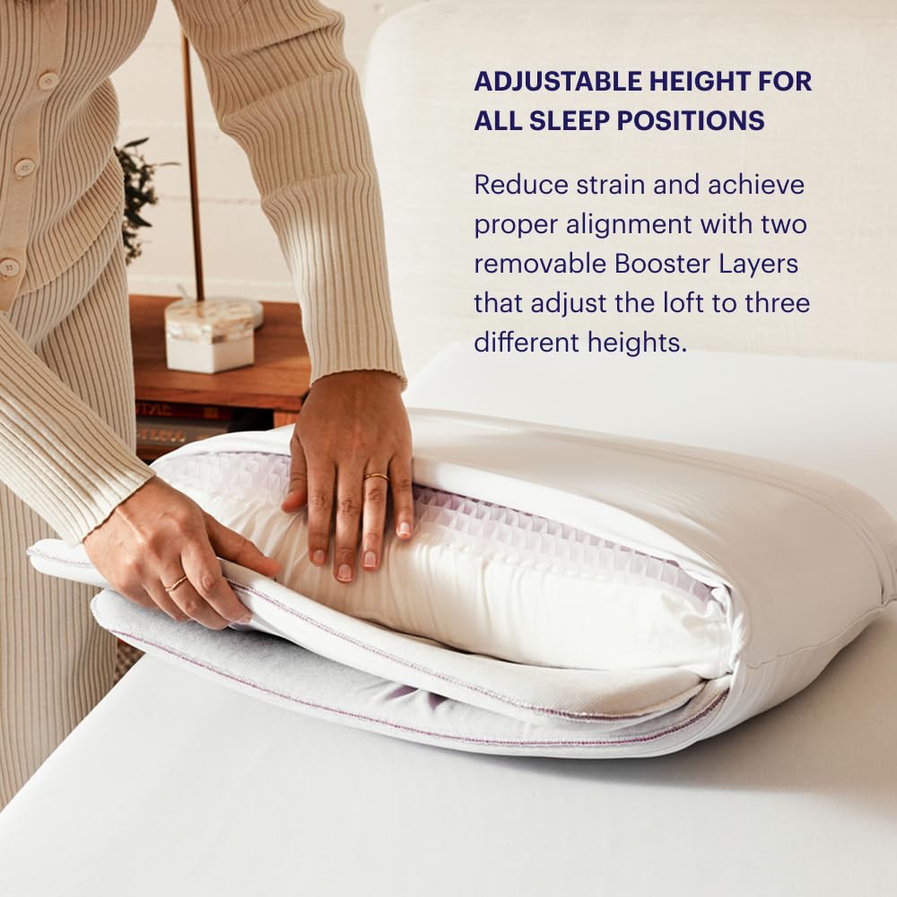 Purple adjustable boosters laid out demonstrating three loft heights for customization