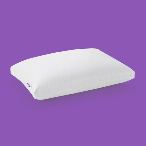 Close-up of Purple label indicating patented pillow innovation and quality