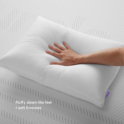 Purple Cloud packaged pillow with label showing brand reliability and design