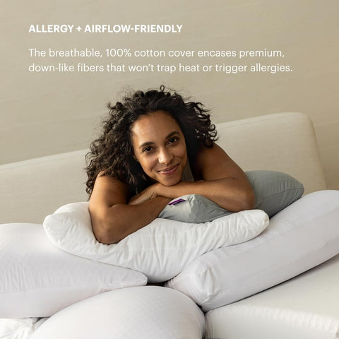 Purple Cloud king size next to standard pillow showing extra width and space