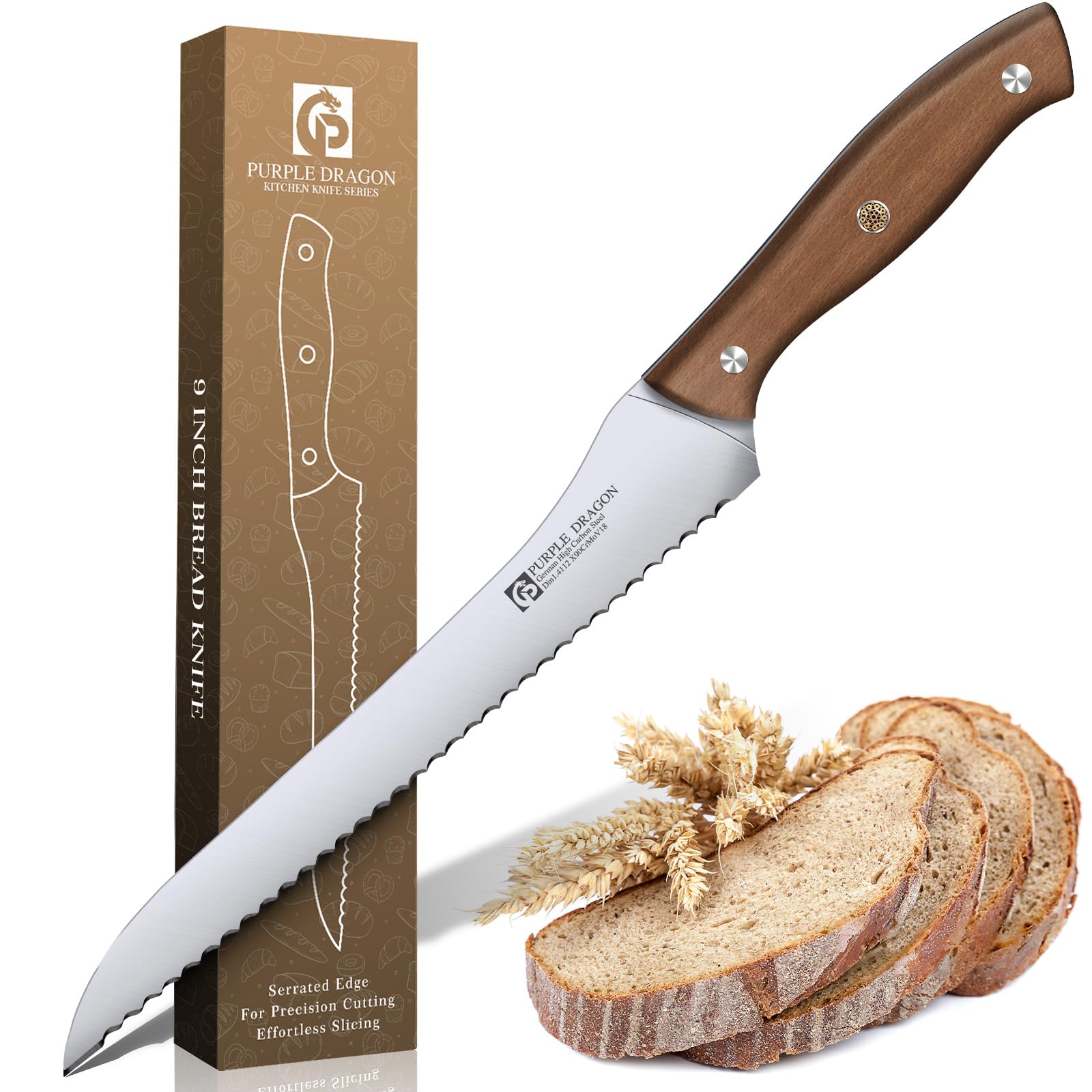 Purple Dragon front view of 9-inch bread knife showing full blade and handle, clear product detail