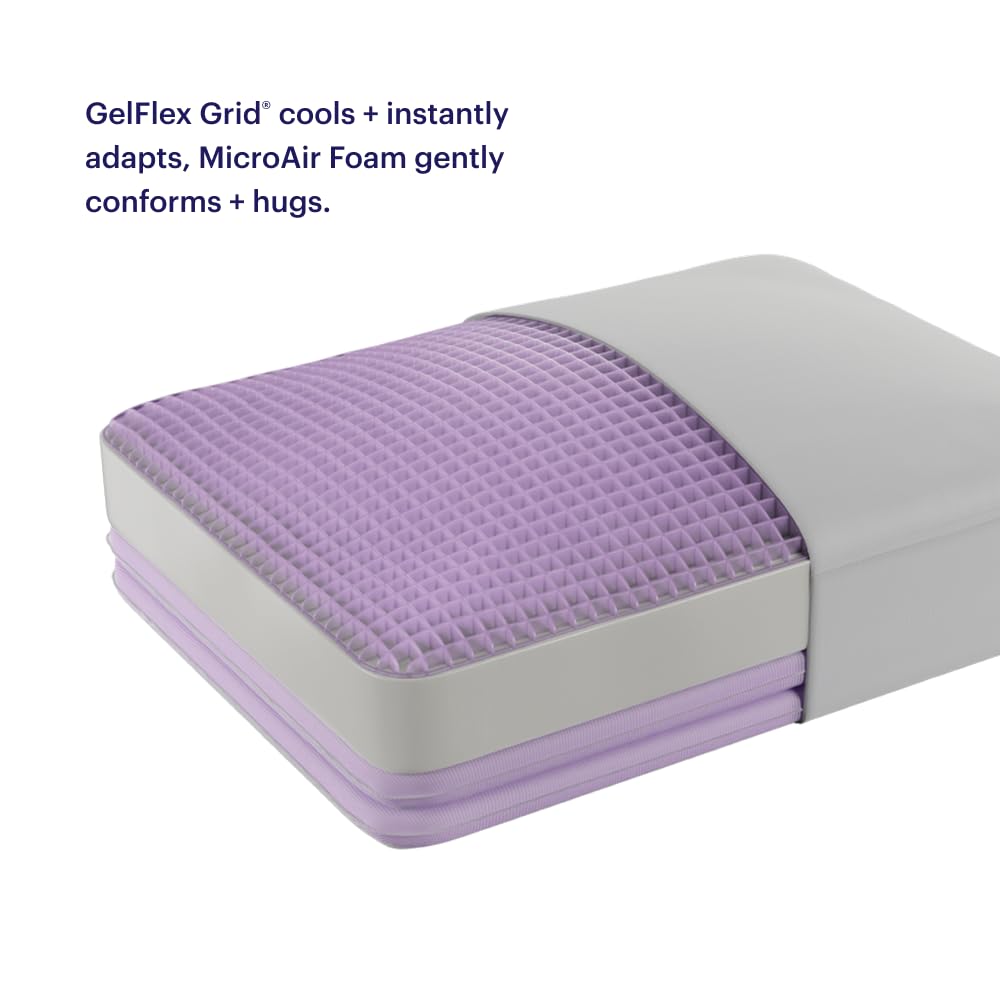 Purple DreamLayer pillow in use by side sleeper demonstrating contouring neck support