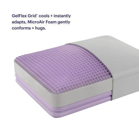 Purple DreamLayer pillow in use by side sleeper demonstrating contouring neck support