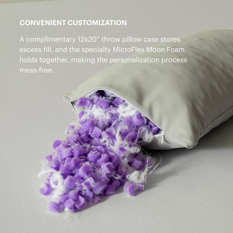 Unzipped Purple pillow with removable fill demonstrating customizable loft benefit