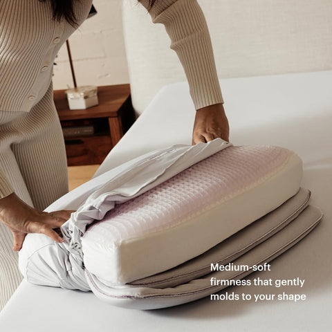 Purple side-sleeper profile using pillow showcasing neck alignment and pressure relief