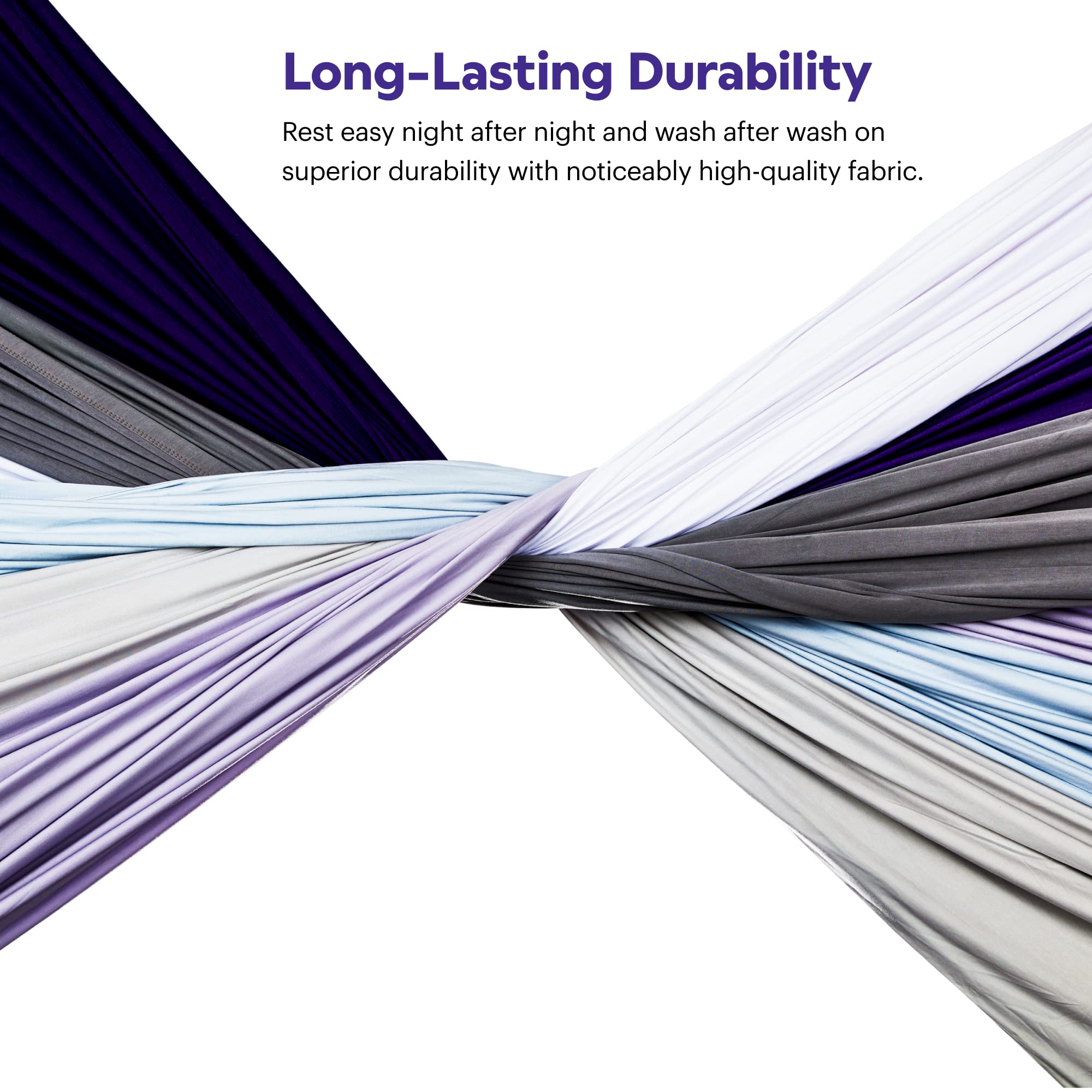 Purple sheets styled in bedroom lifestyle scene conveying breathable comfort