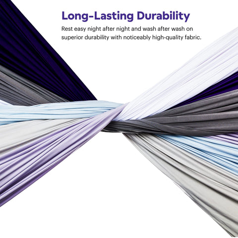 Purple sheets styled in bedroom lifestyle scene conveying breathable comfort