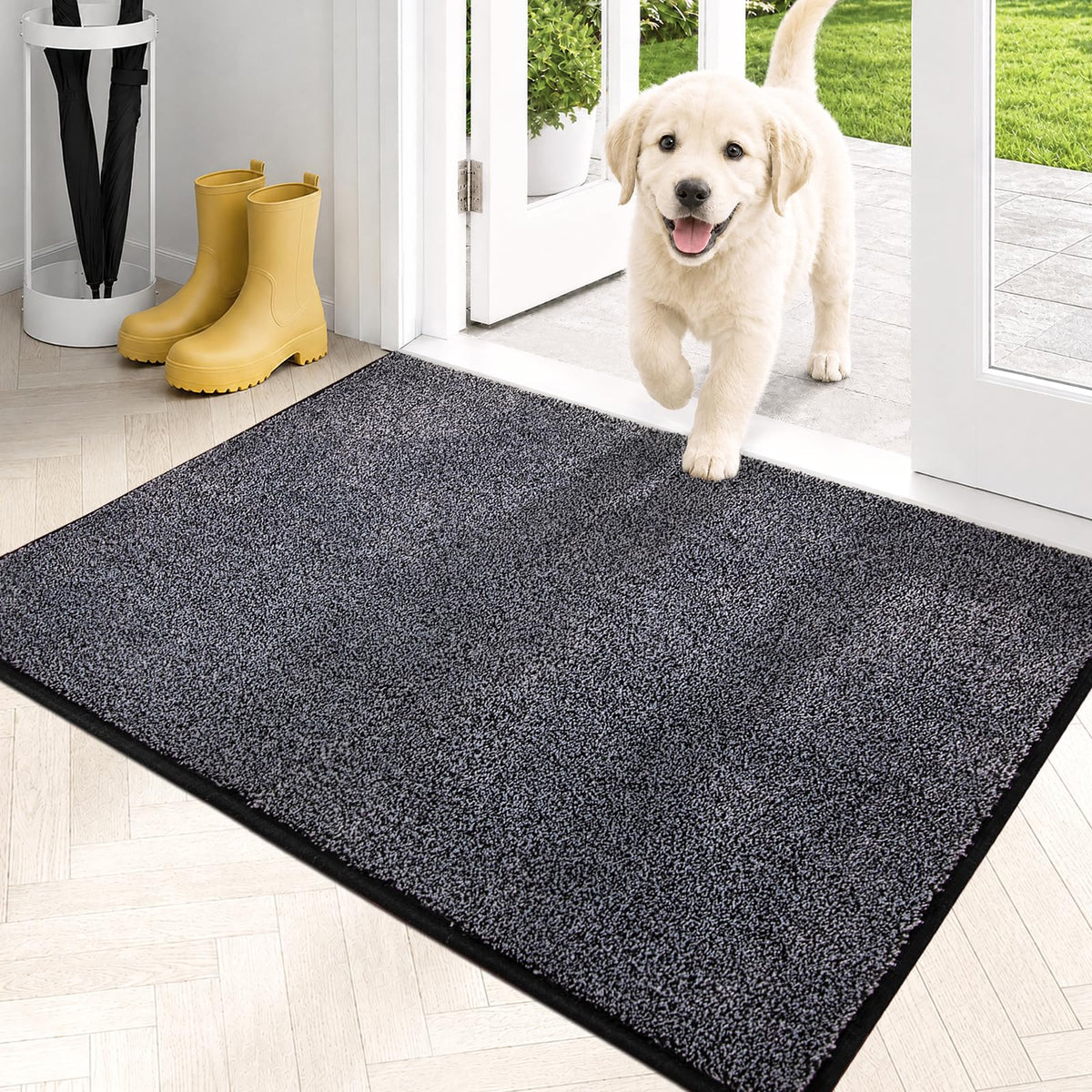 PURRUGS front view of bluish grey-black mat shows clean entry and protection