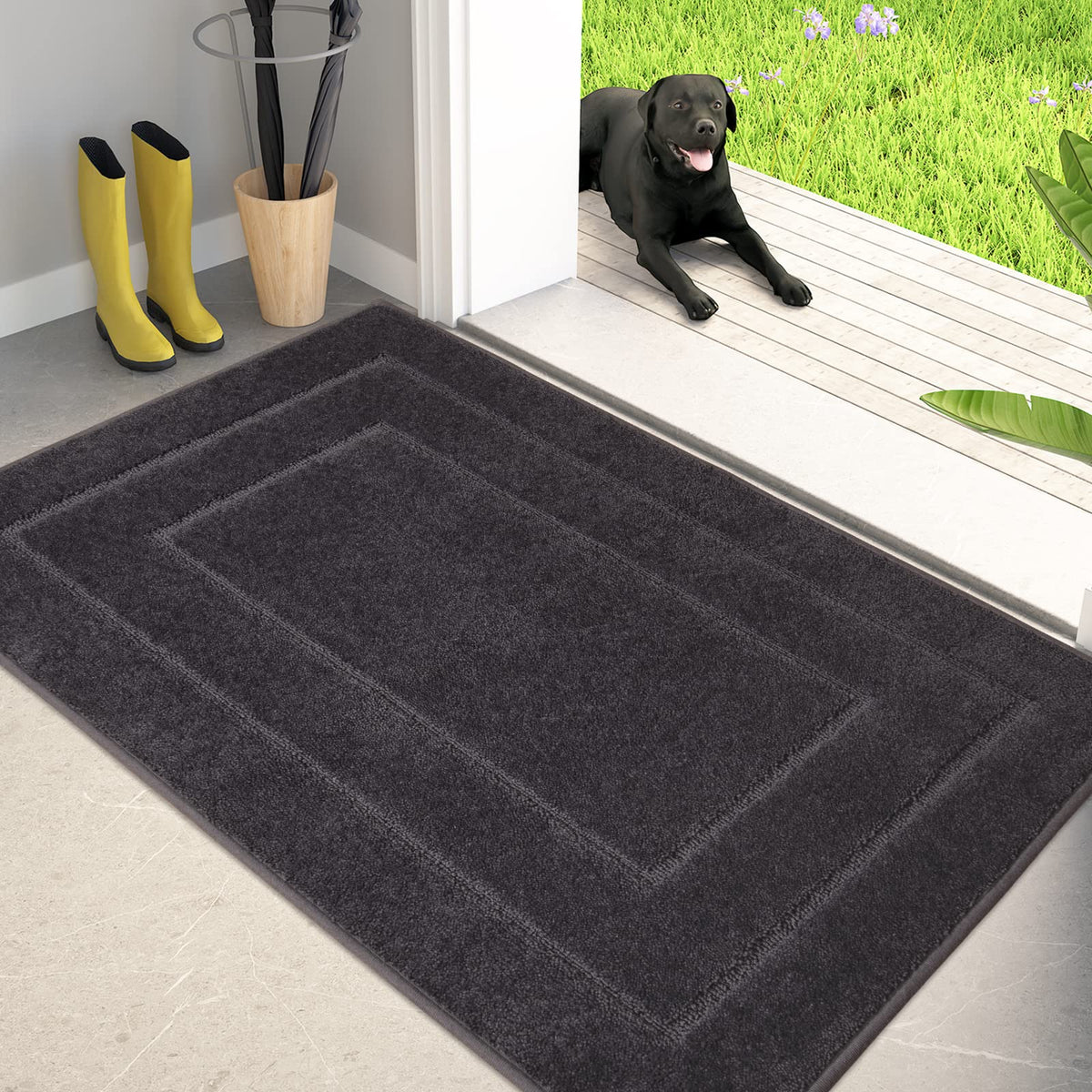 PURRUGS front view charcoal door mat protecting entryway with large coverage