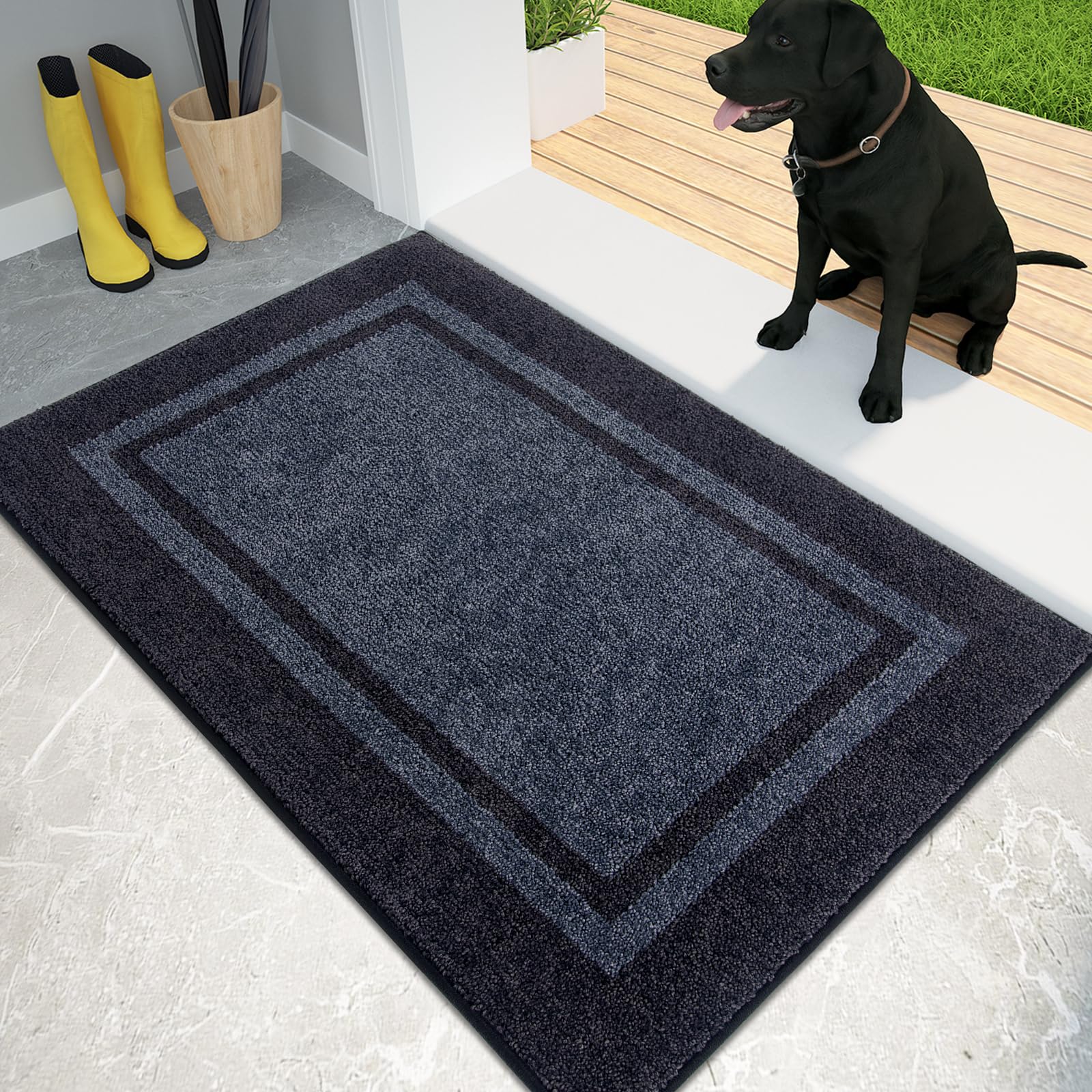 PURRUGS front view entry mat in bluish grey and charcoal shows sleek welcome and protection