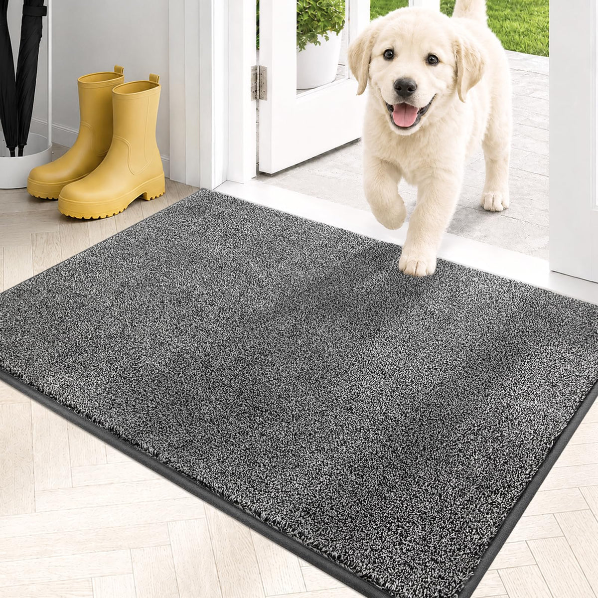 PURRUGS front view full mat shows neat grey tones and tidy look that protects floors