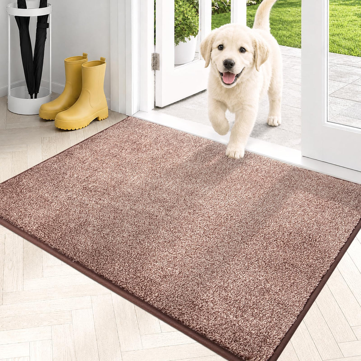 PURRUGS mat front view in brown-light cream showing stylish protection