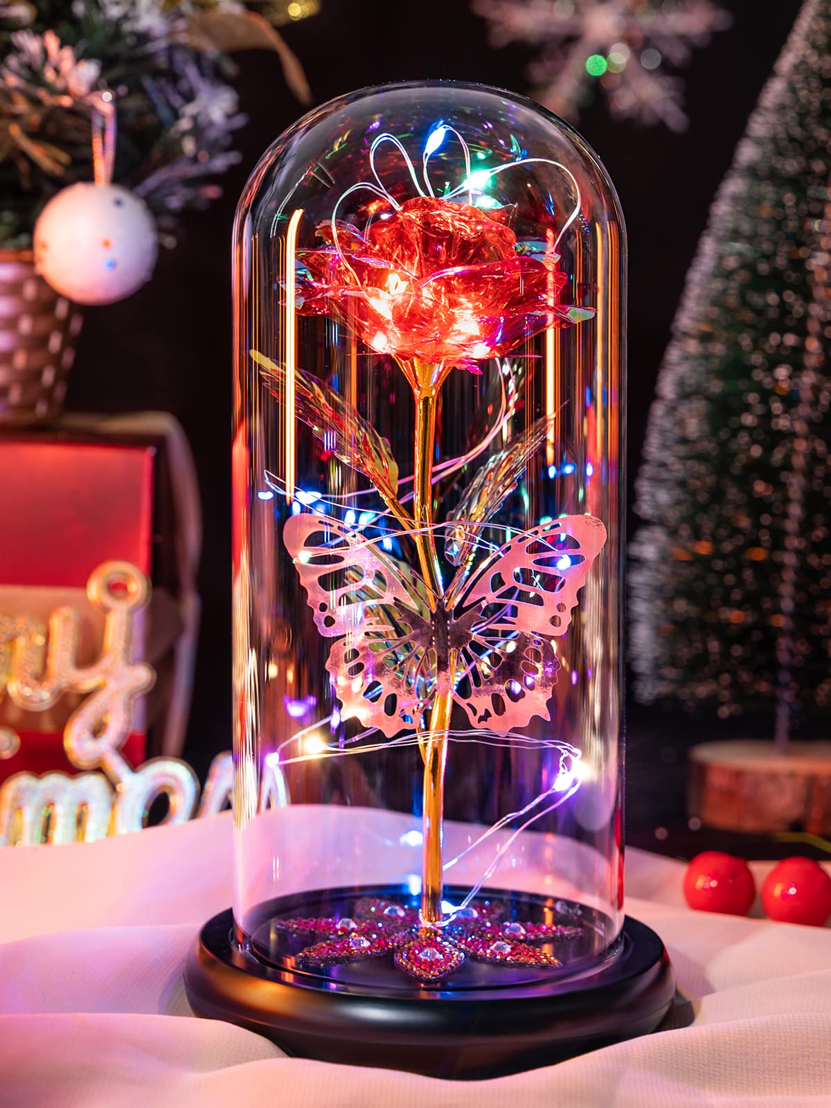 Pusuny front view glass dome showing rose and butterfly, gift-ready elegance