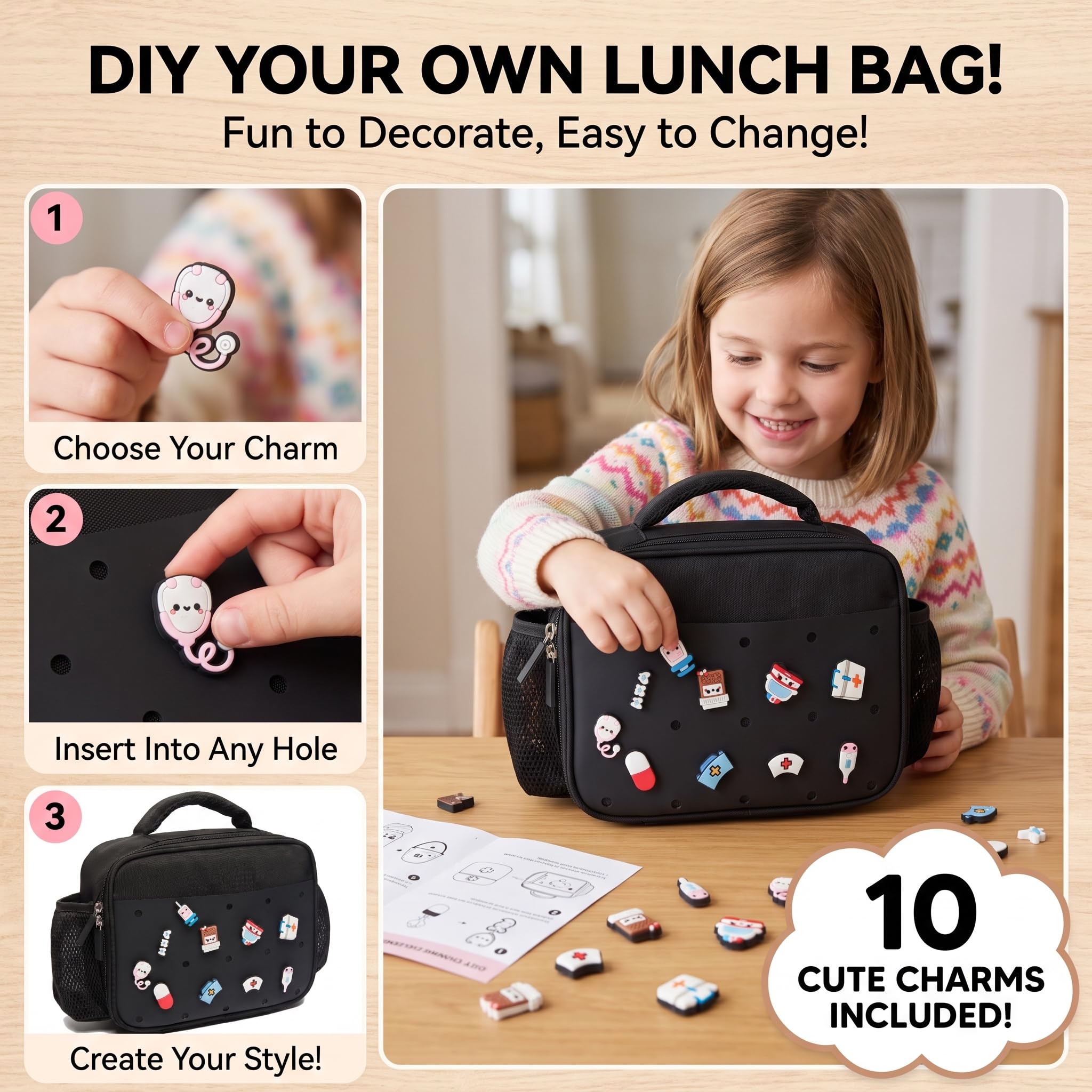 pVq close-up of ten interchangeable charms highlighting customization benefit