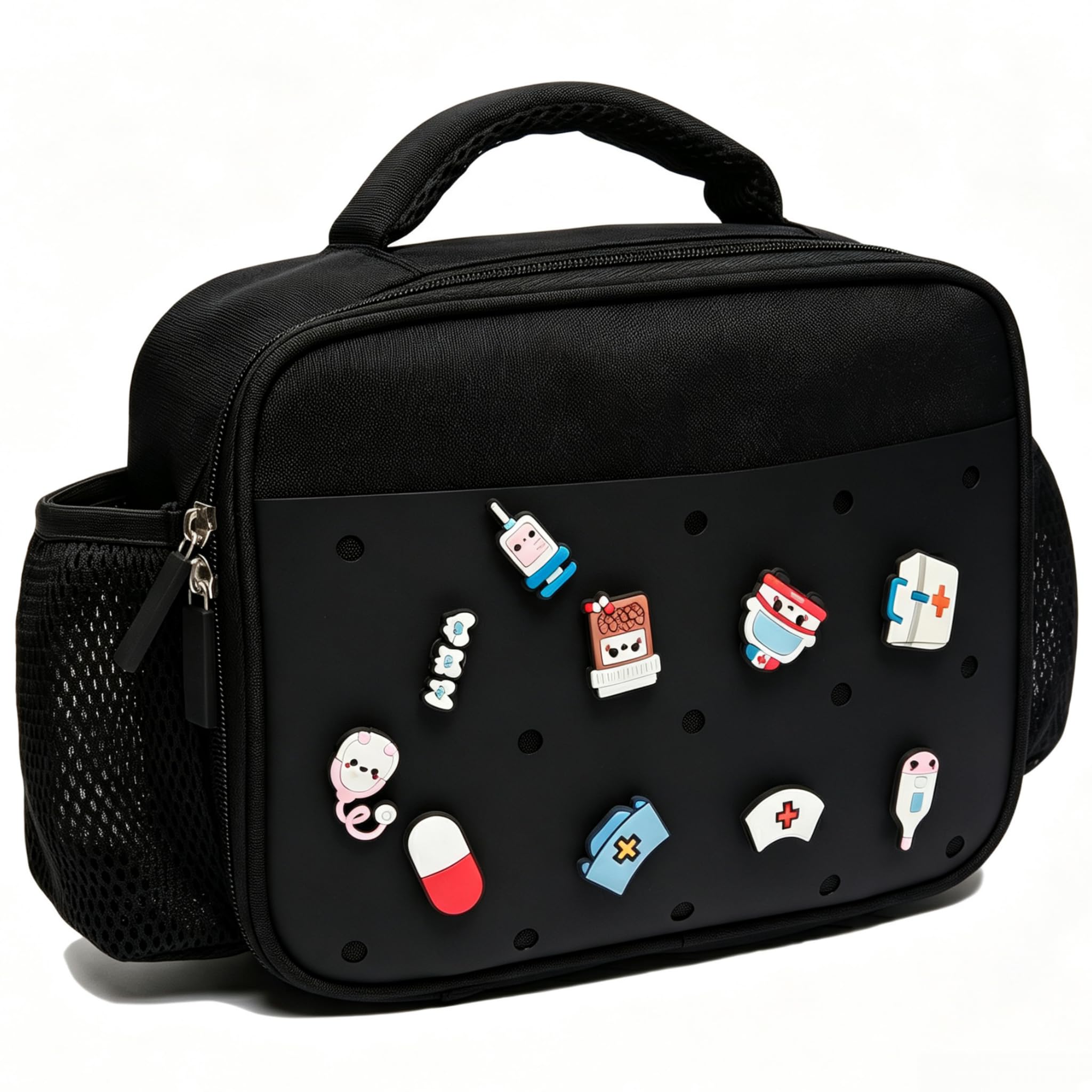 pVq front view of black lunch bag showing charm area and portability benefit