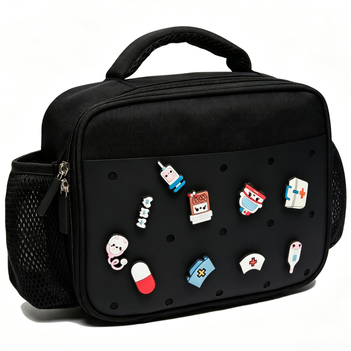 pVq front view of black lunch bag showing charm area and portability benefit