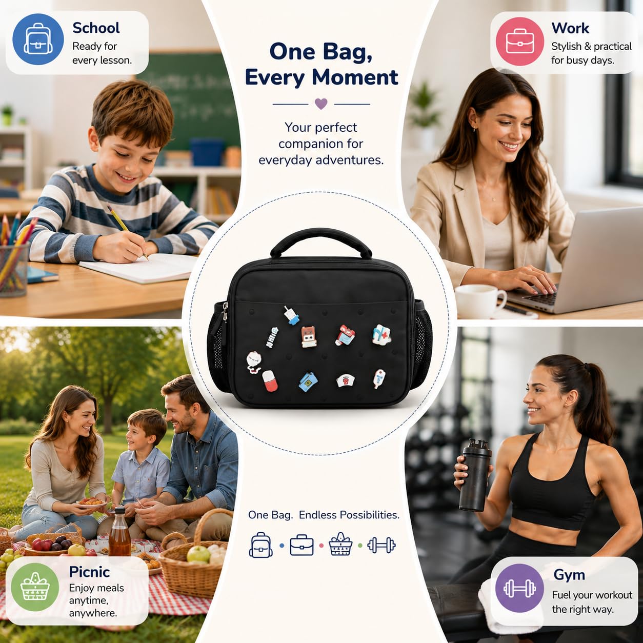 pVq lunch bag open with packed containers demonstrating roomy capacity benefit