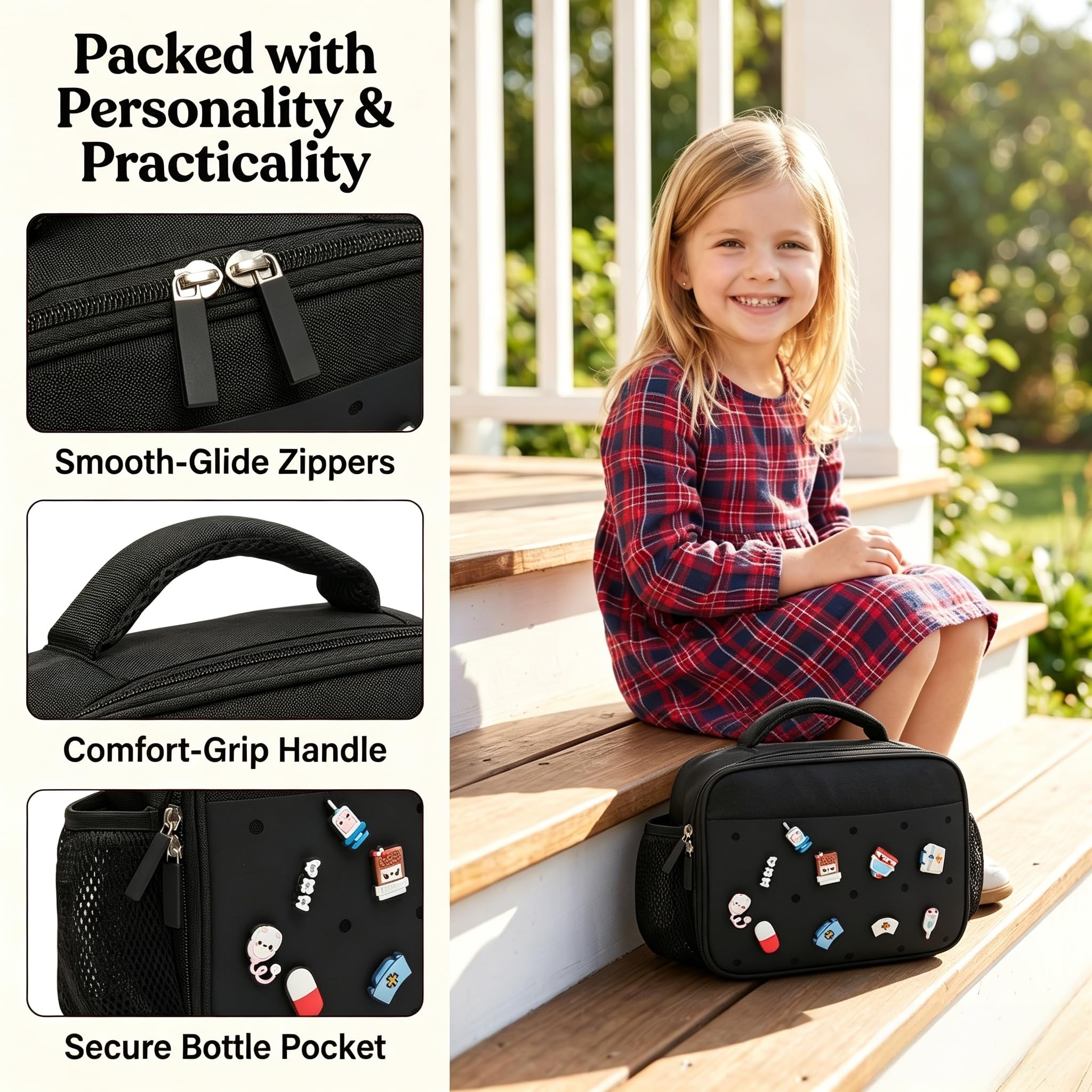pVq zipper and handle close-up showing sturdy construction and comfort benefit