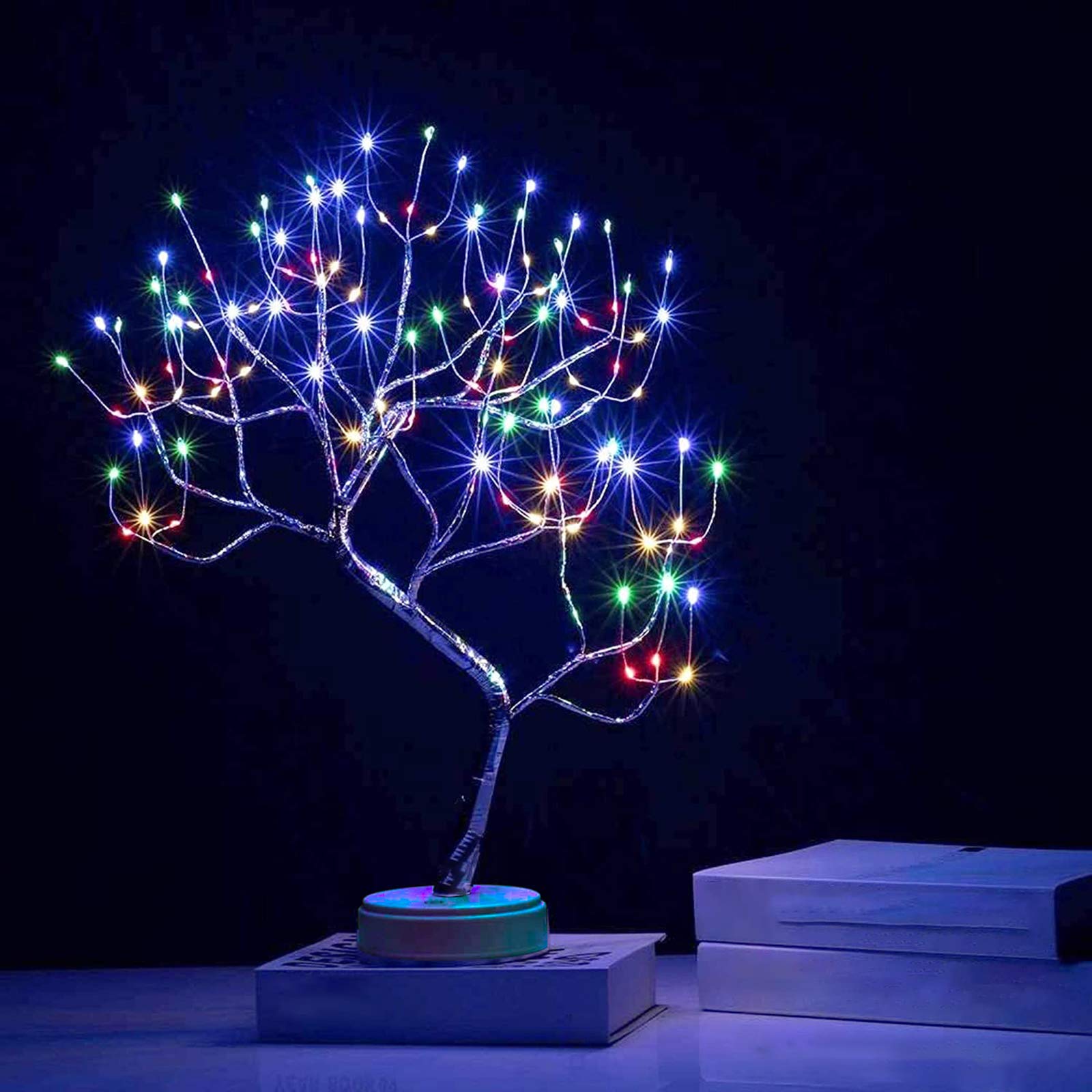 PXBNIUYA front view of 20-inch bonsai tree light showing full colorful LEDs and silhouette benefit ambient glow