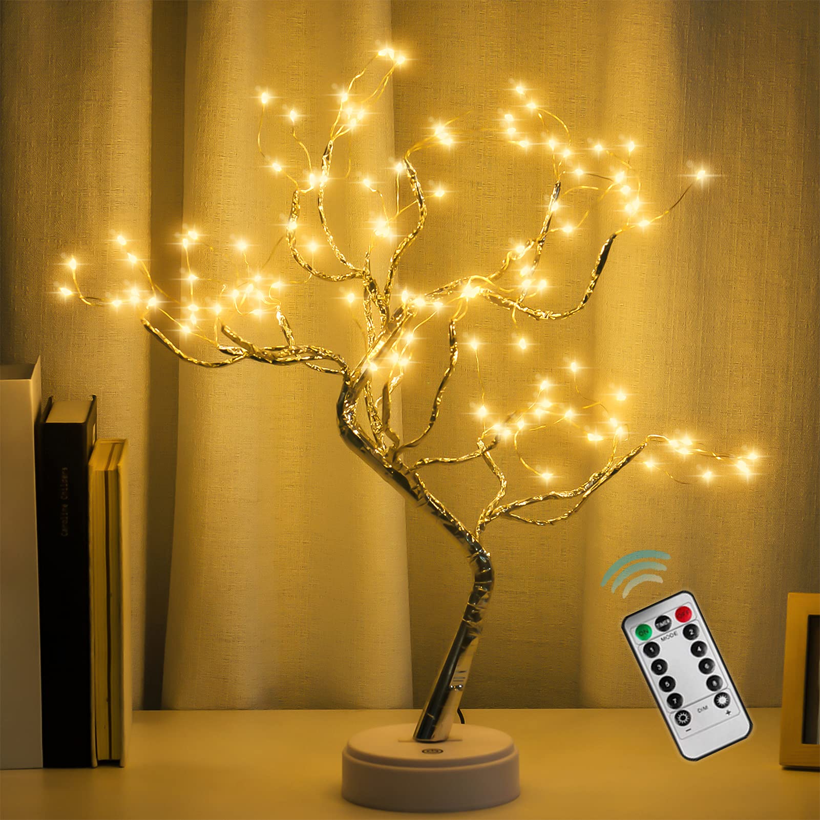 PXBNIUYA front view bonsai lamp showing warm white glow and decorative charm