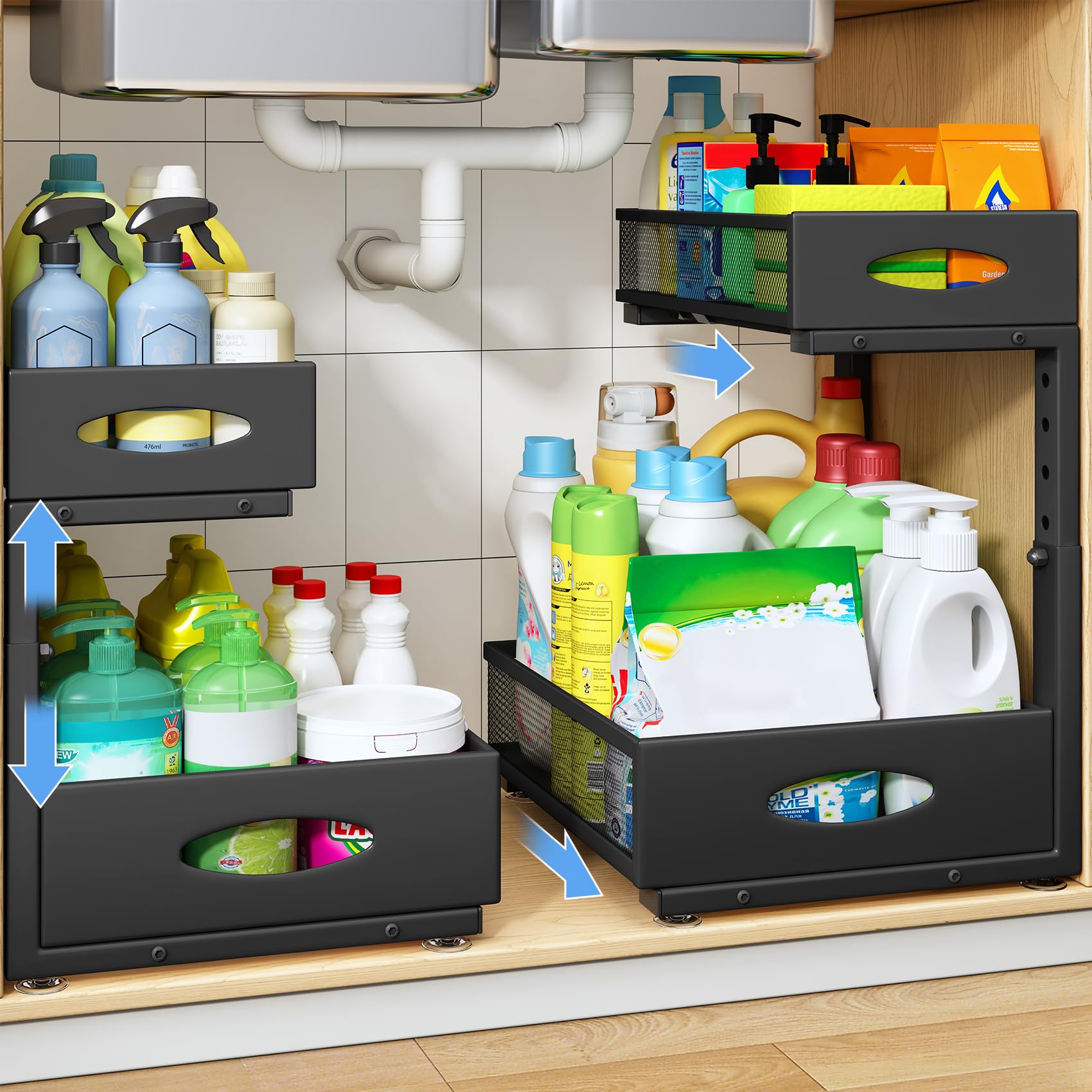 PXRACK front view showing assembled dual pull-out organizer and space-saving benefit