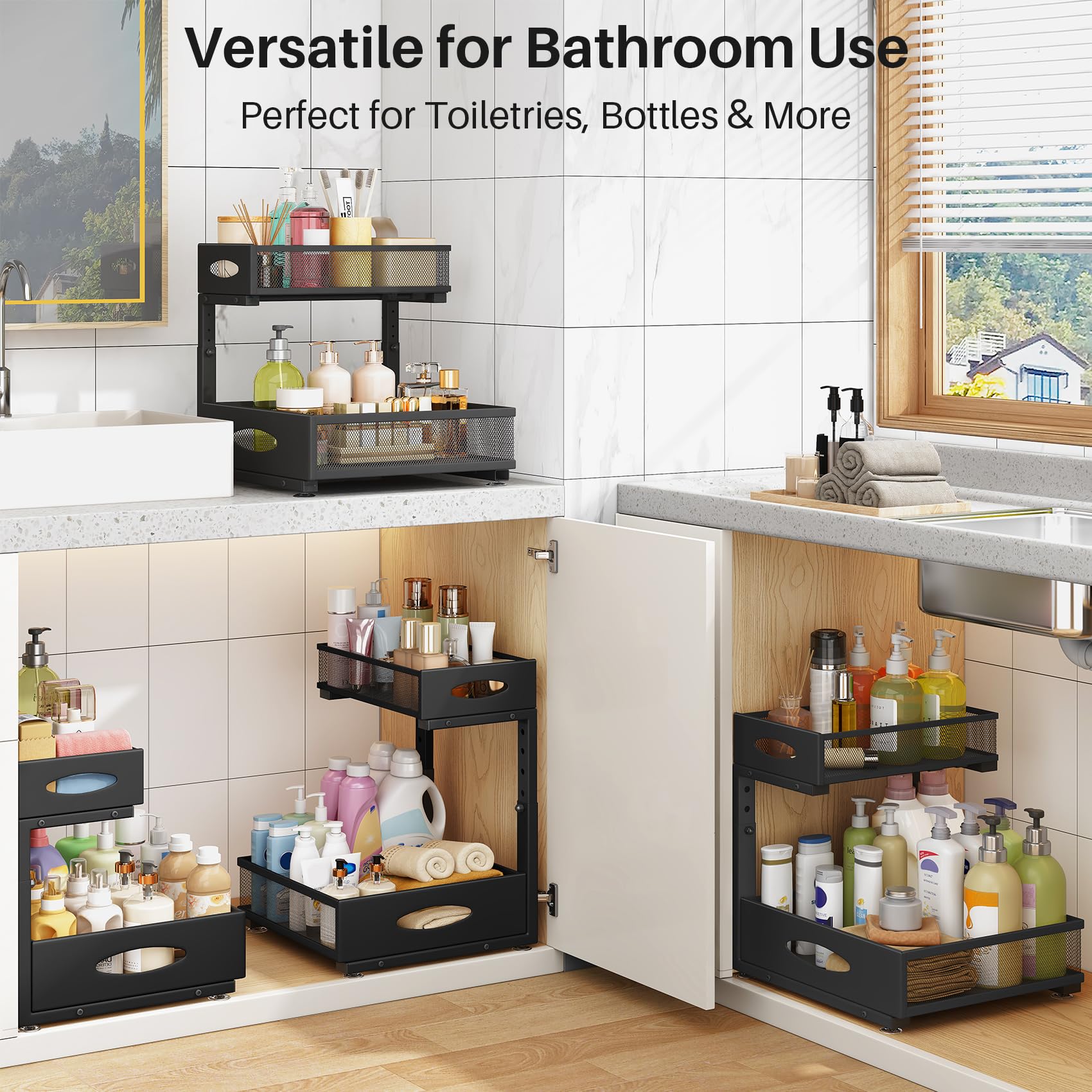 PXRACK lifestyle kitchen scene showing neat under-sink organization benefit