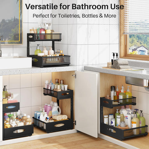 PXRACK lifestyle kitchen scene showing neat under-sink organization benefit