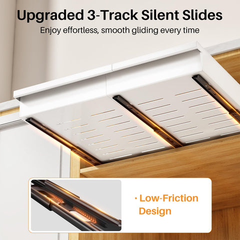 PXRACK drawer beside tape measure illustrating adjustable width range