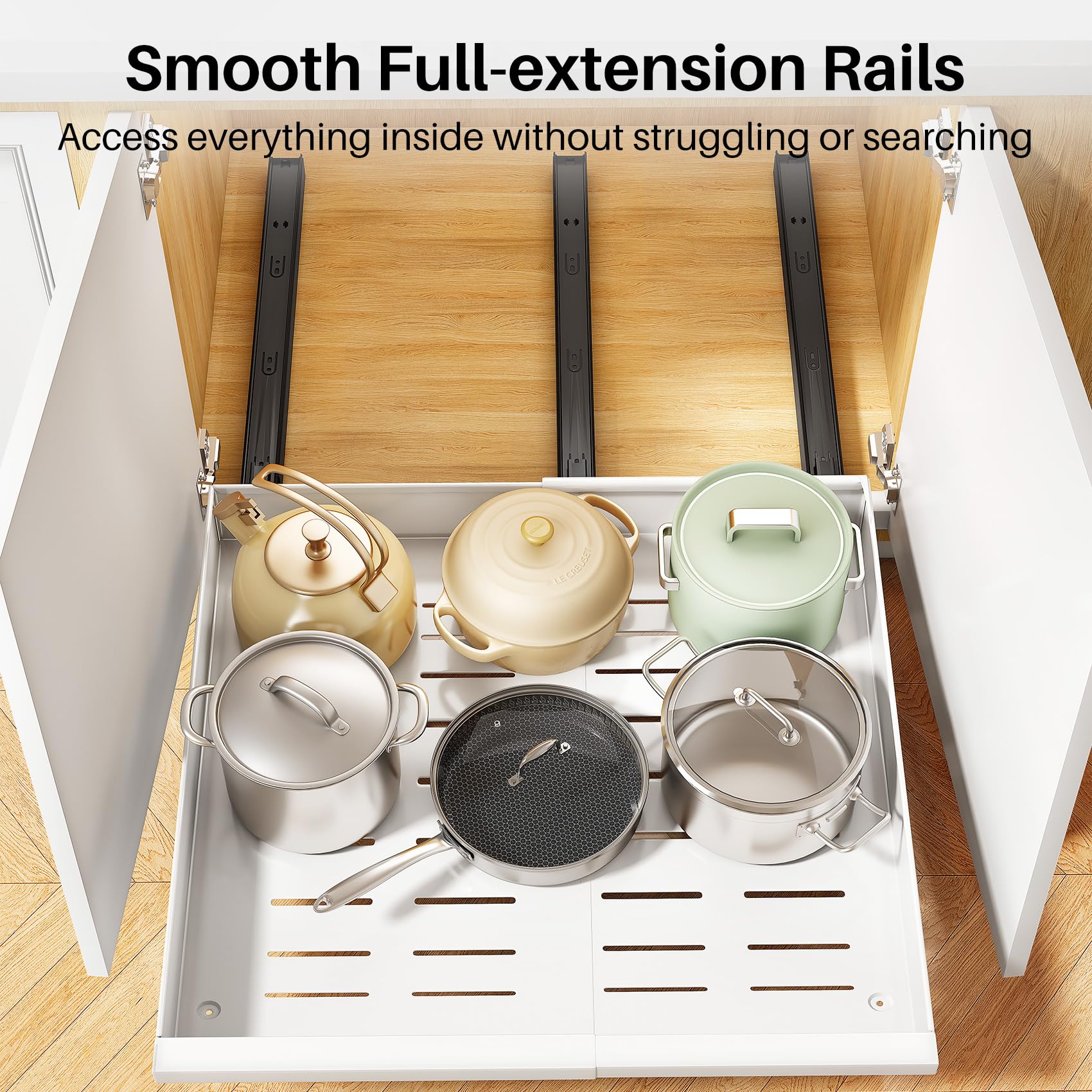 PXRACK drawer loaded with pots and pans maximizing kitchen storage