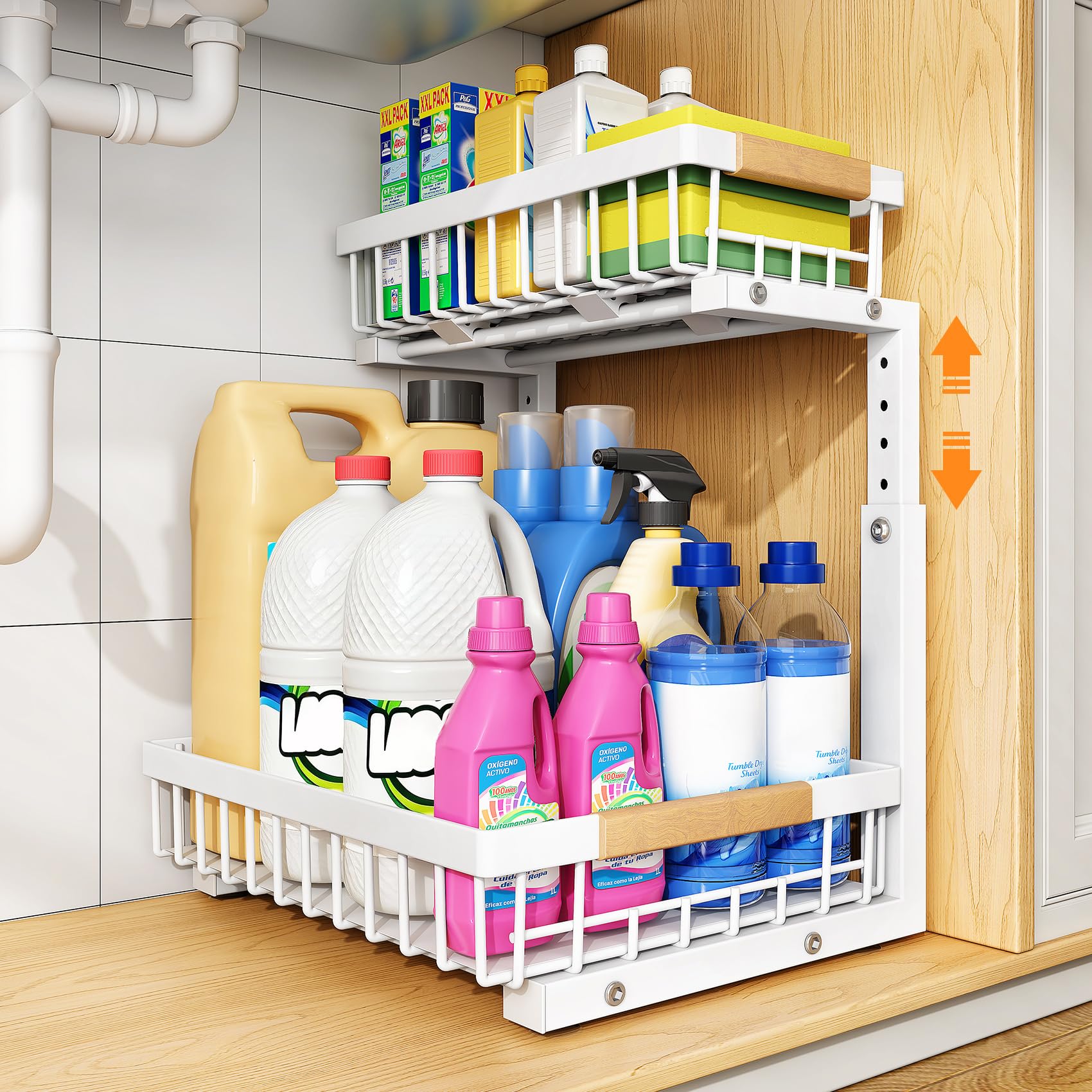 PXRACK front view of white under sink organizer showing tidy storage benefit