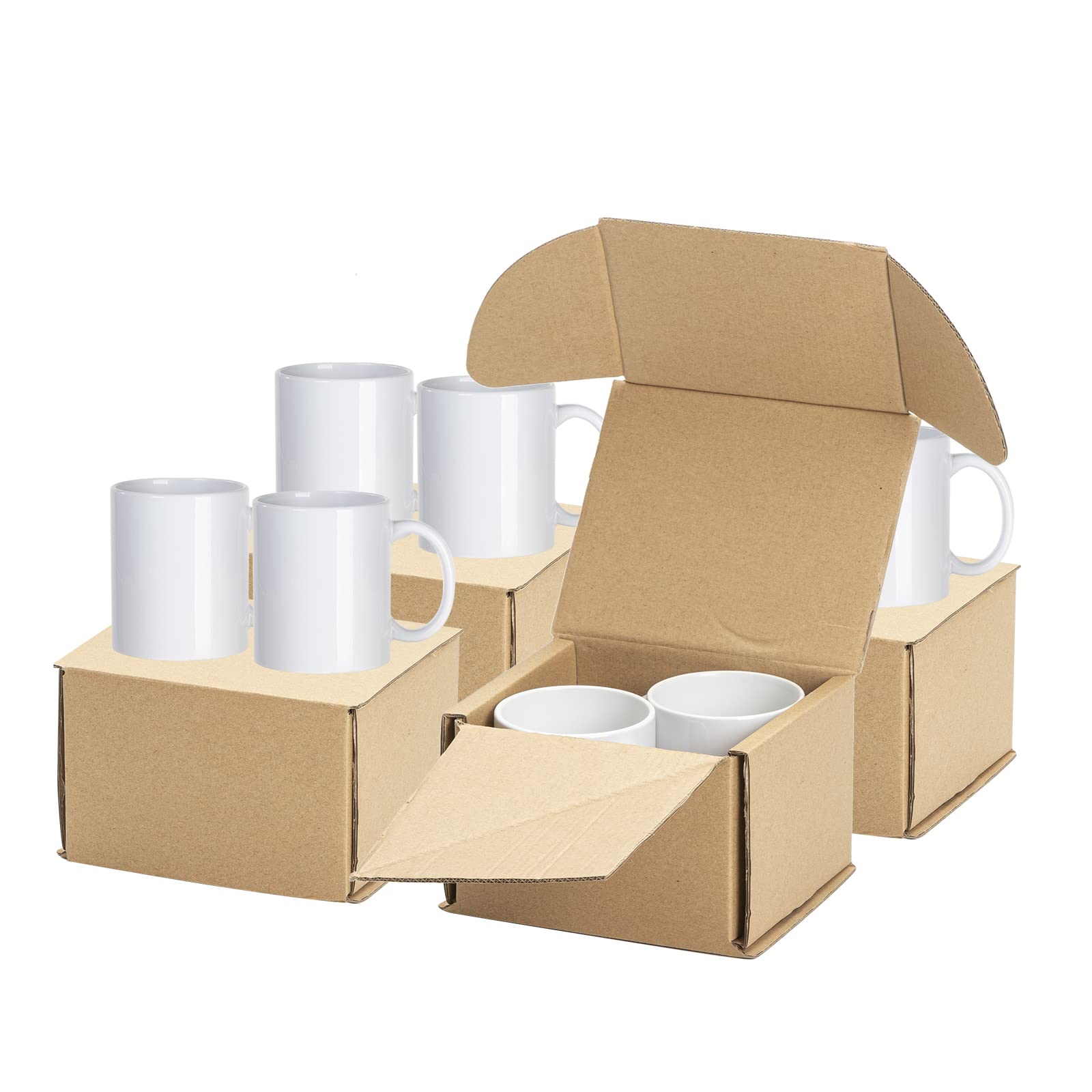 PYD Life front view of eight white mugs in protective box, shows clean packaging benefit