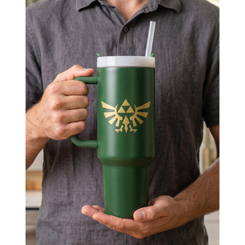 Pyramid America tumbler beside controller showing ideal gaming session hydration