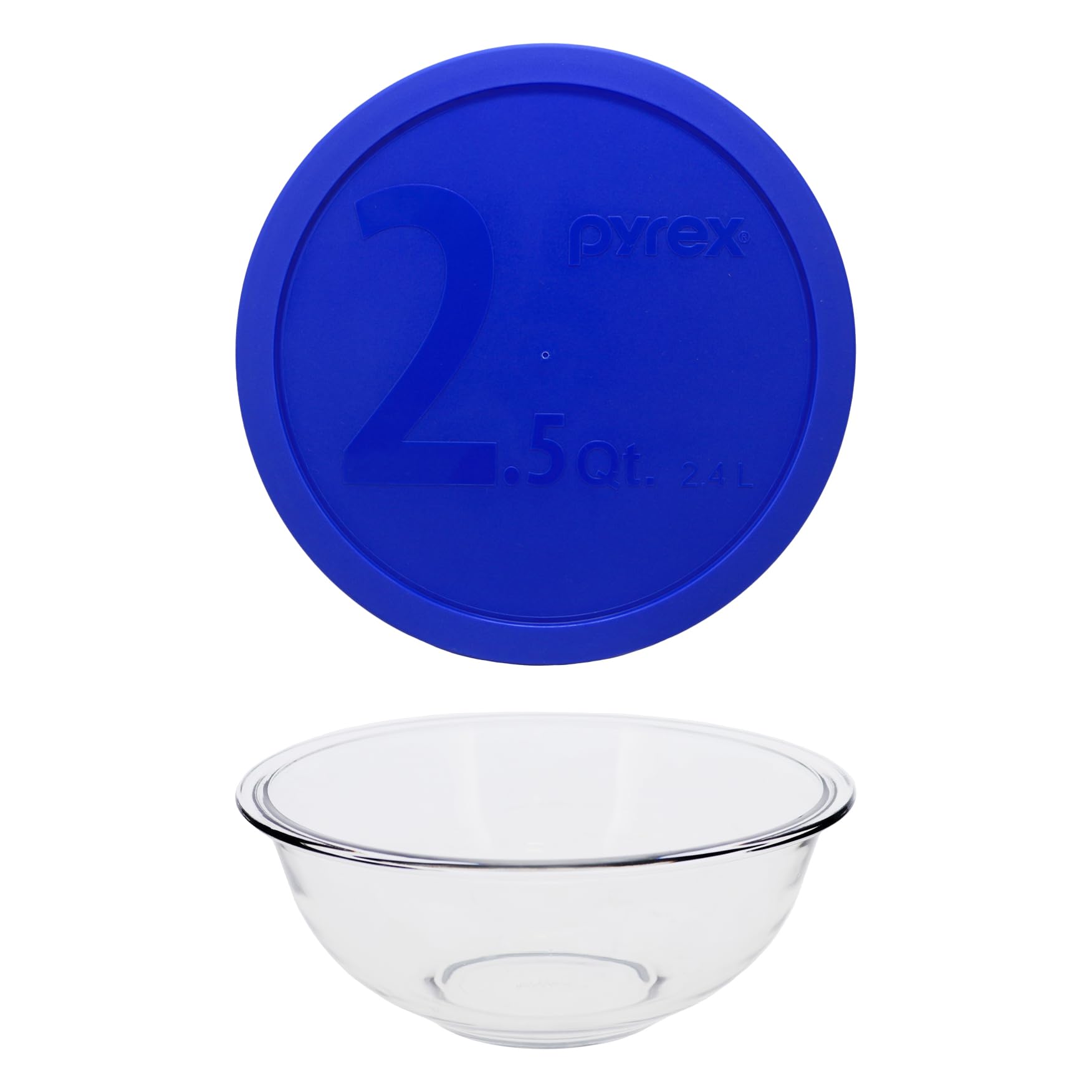 Pyrex front view of 2.5-qt bowl showing clear glass and matching blue lid for durable storage