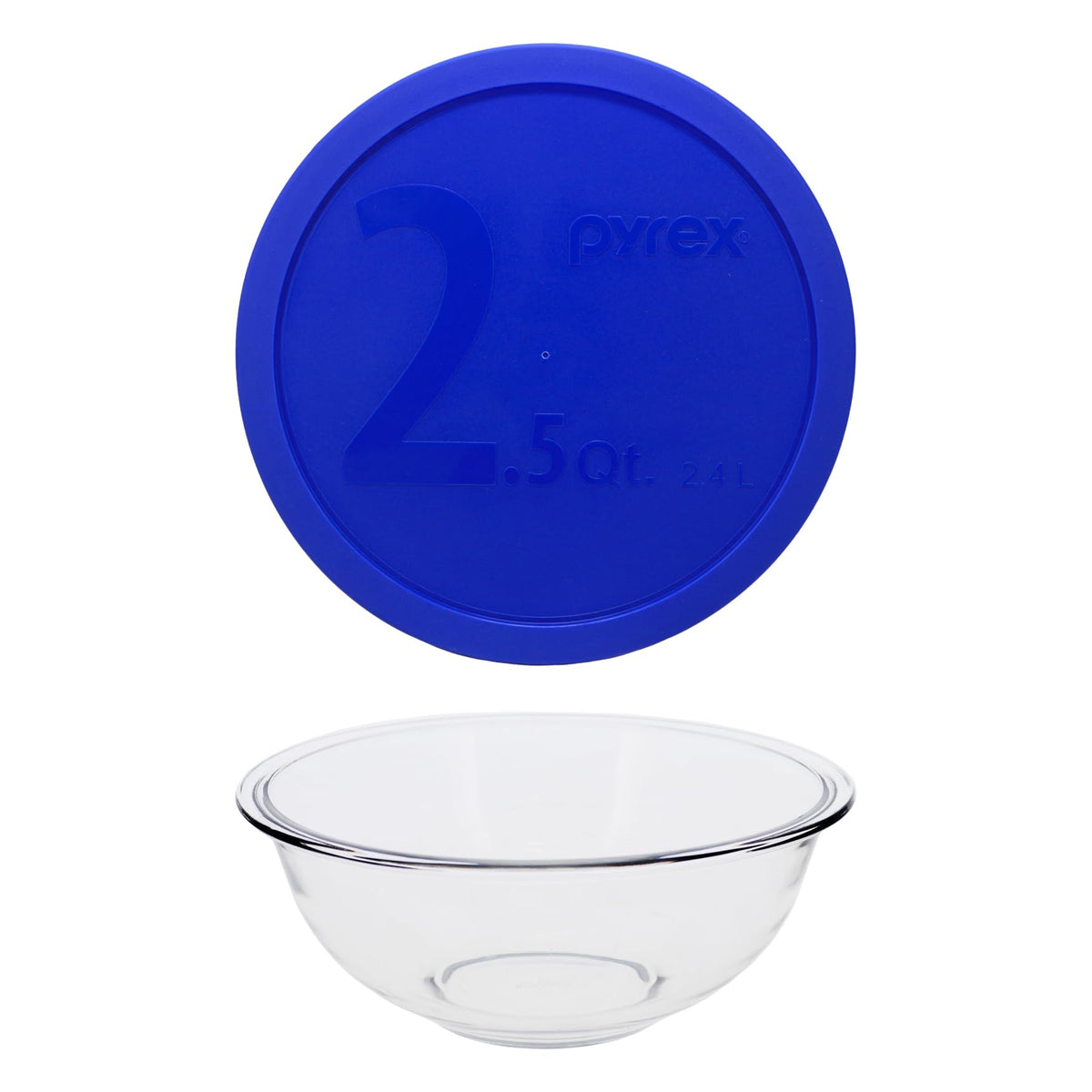 Pyrex front view of 2.5-qt bowl showing clear glass and matching blue lid for durable storage