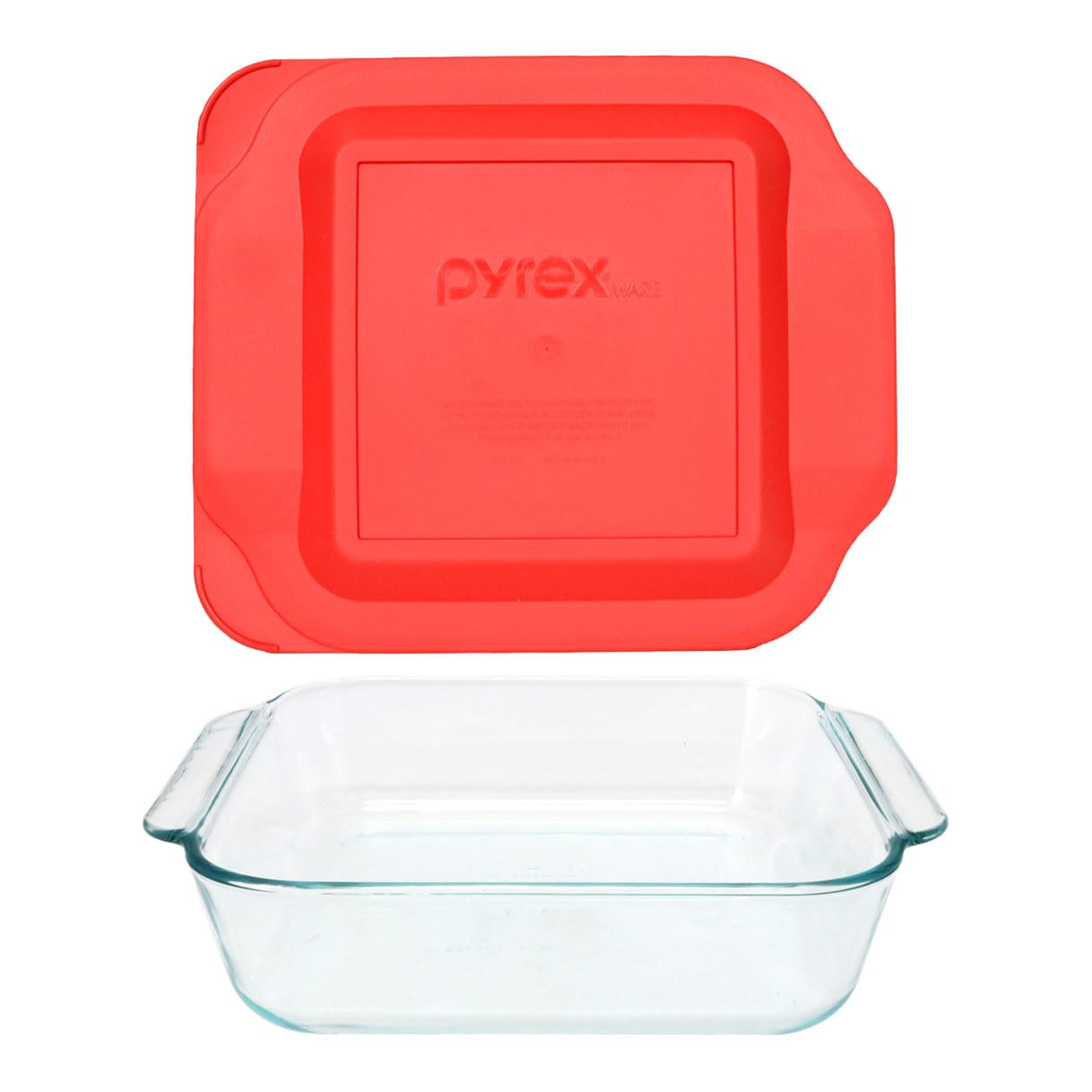 Pyrex 222 front view showing dish and red lid, reliable oven-to-fridge use