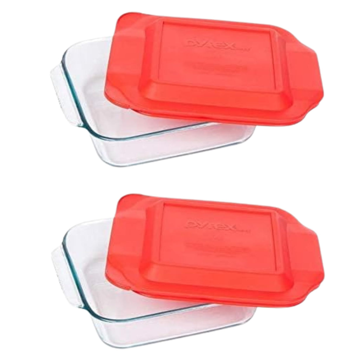 Pyrex front view of 2-qt dish with red lid showing stackable organization benefit