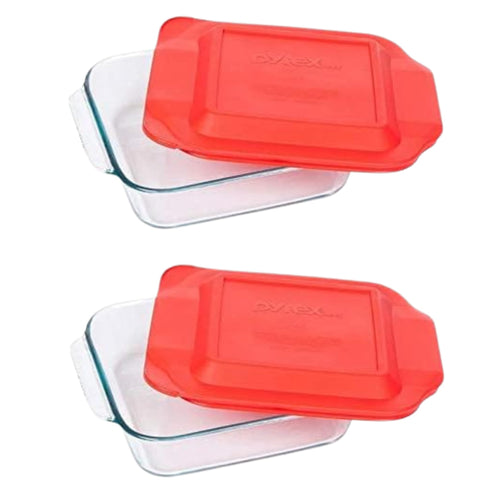 Pyrex front view of 2-qt dish with red lid showing stackable organization benefit